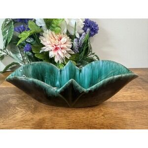 Vintage Blue Mountain Pottery Planter Bowl Drip Glaze‎ Green Lotus Shaped Dish